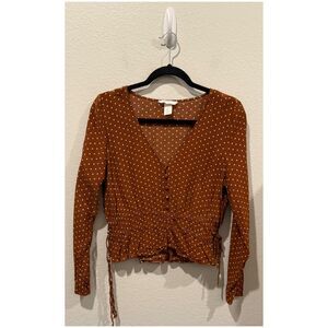 H&M Brown Polka Dot Button Front Smocked Waist Tie Sides V-Neck Blouse